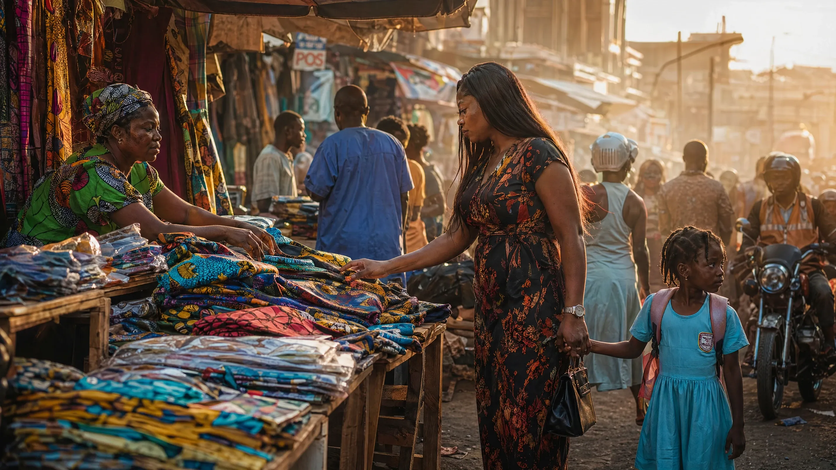 AI stock street photography of a Lagos textile market at golden hour with vendors arranging Ankara prints