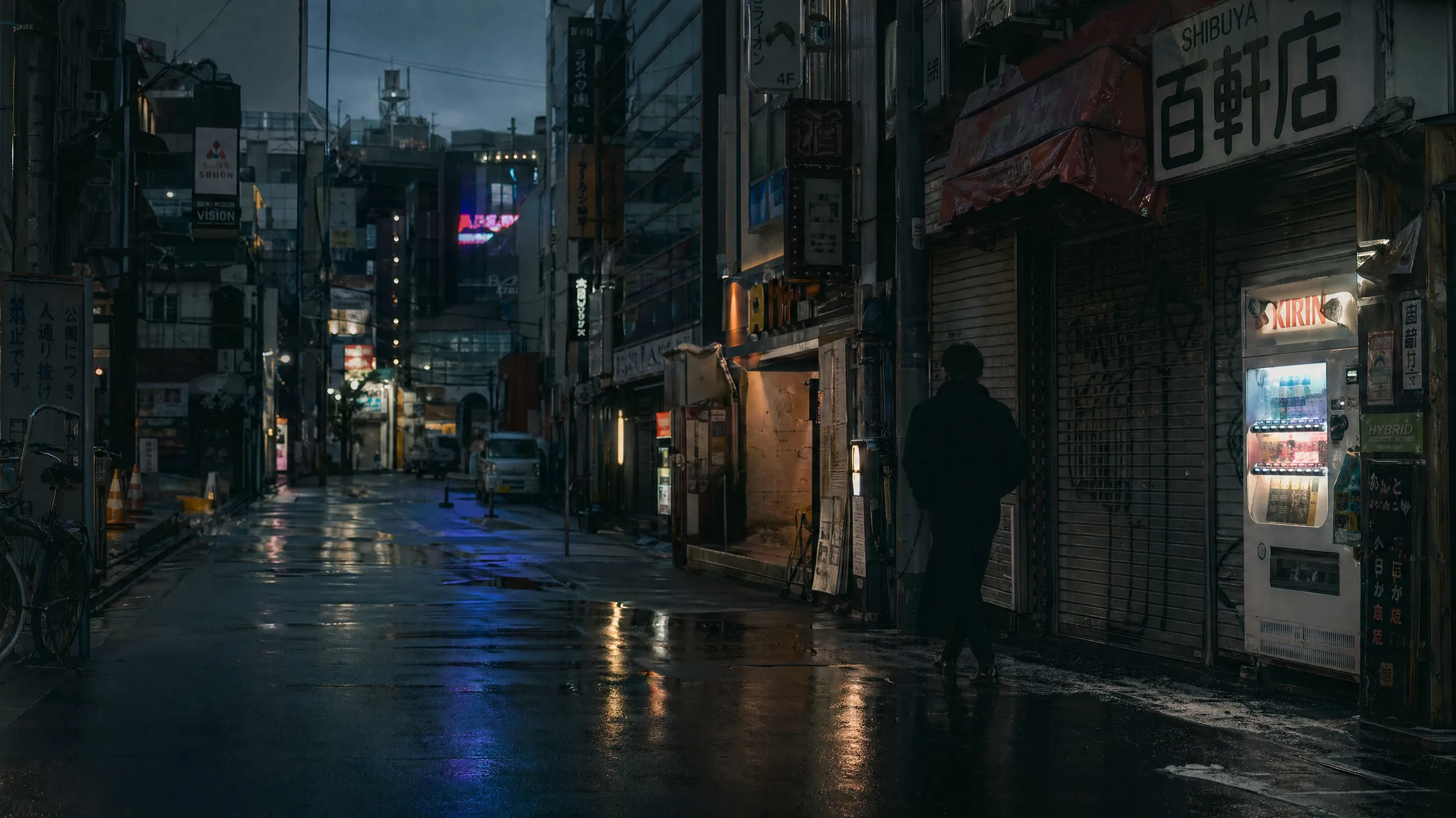 AI stock street photography of a Tokyo Shibuya backstreet at 4am with a figure in a long black coat in muted documentary grade