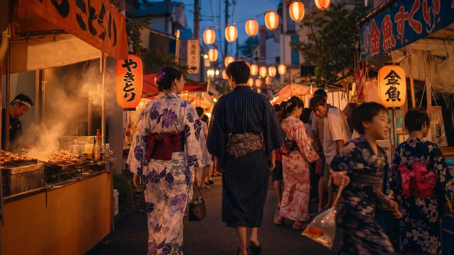 AI stock summer photo of a Tokyo matsuri festival at dusk with paper lanterns and yukata-clad families.