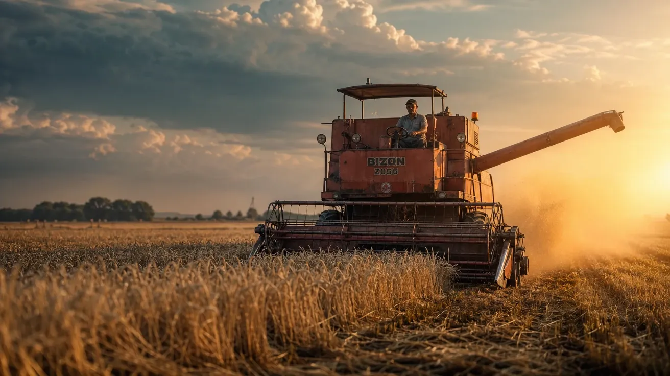 AI stock summer image of a Polish wheat harvest at golden hour with summer thunderhead clouds gathering.