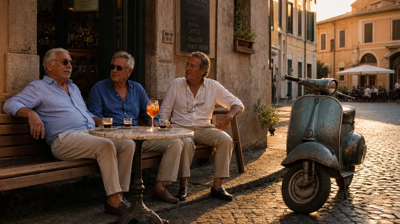 AI stock summer photo of an Italian aperitivo on a Roman piazza at golden hour with older men on a bench.