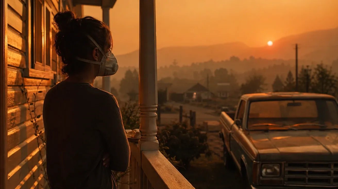 AI stock summer image of a Pacific Northwest valley town in late-summer wildfire smoke at evening.
