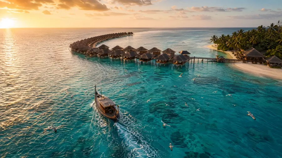 Aerial photograph of a turquoise Maldivian lagoon with overwater bungalows at golden hour