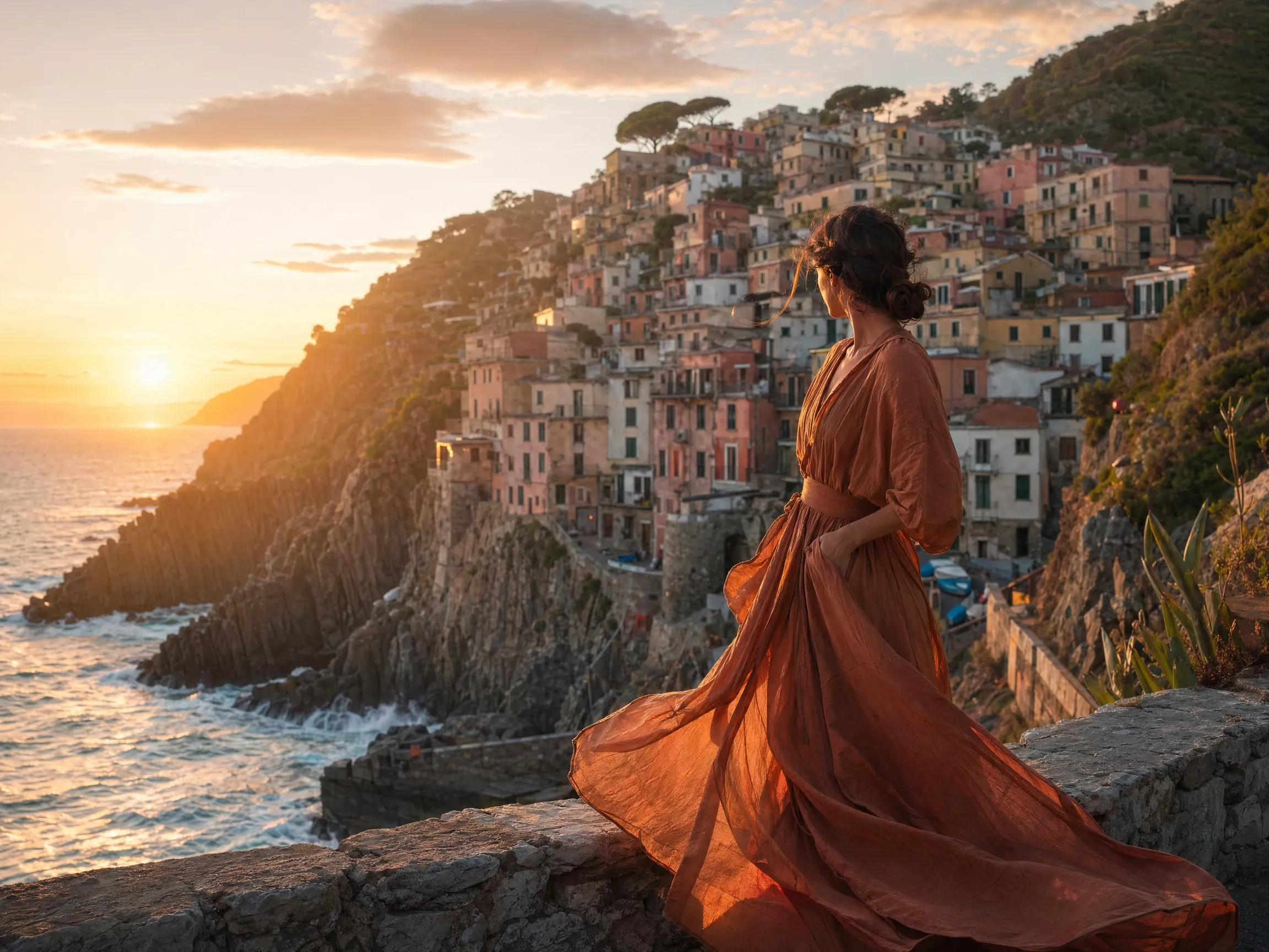 Female traveler in a terracotta linen dress on a Cinque Terre overlook at sunset