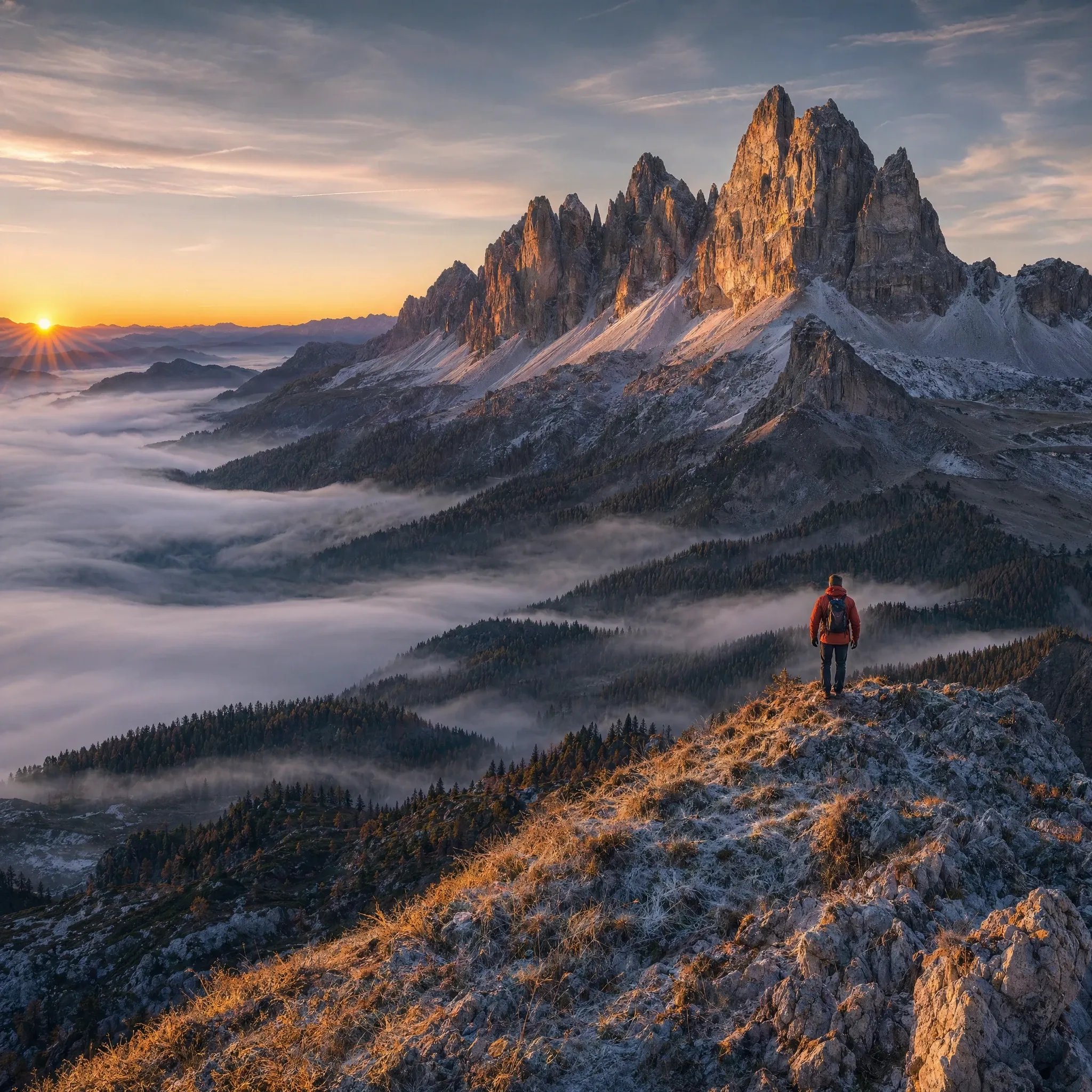 Sunrise photograph of the Dolomites with a hiker on a foreground ridge in autumn
