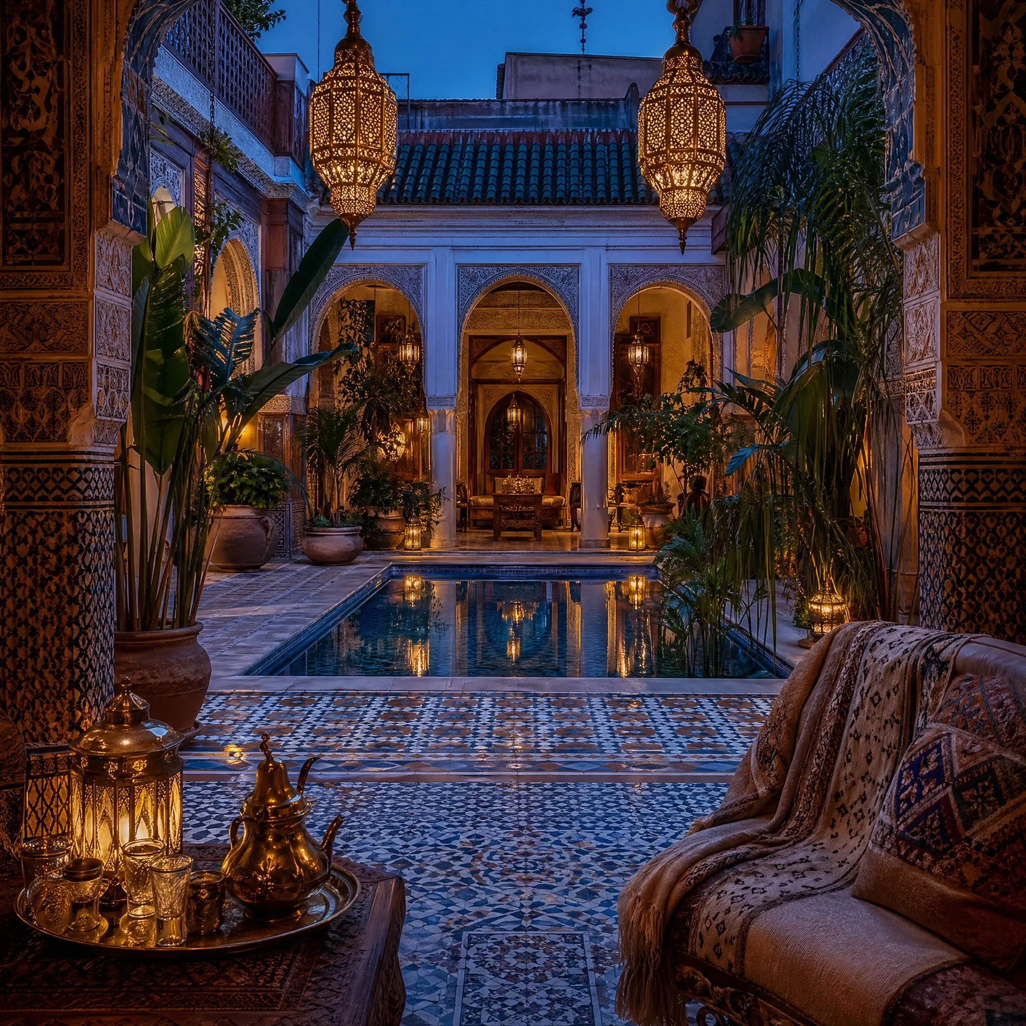 Marrakech riad courtyard with zellige tilework and brass lanterns at blue hour