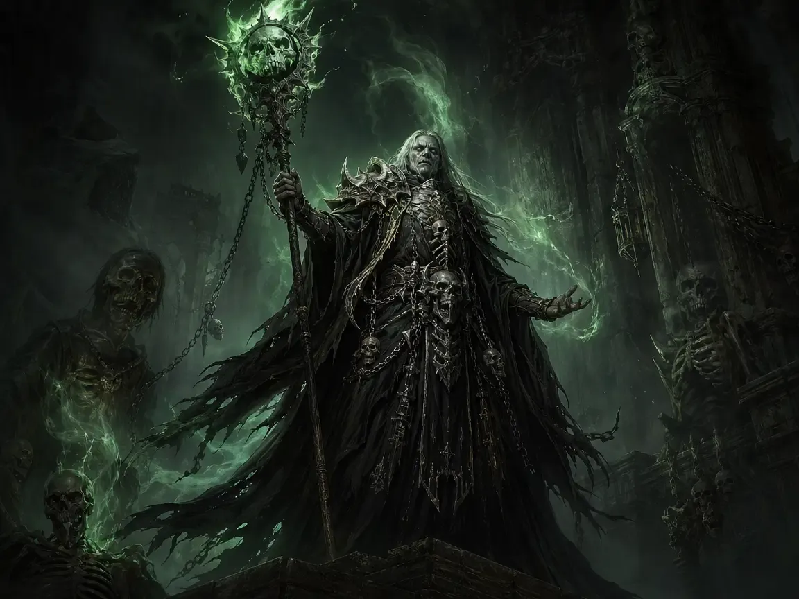 Dark fantasy necromancer with glowing green skull staff in dramatic dungeon lighting