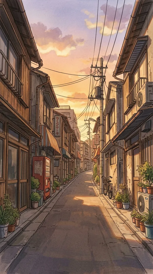 Hand-painted 90s cel anime background of a narrow residential street with wooden houses, utility poles and warm golden-hour light, generated on getimg.ai and used as a style reference to turn a video into anime