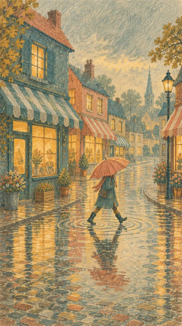 Gouache and colored pencil picture-book illustration of a figure with an umbrella crossing a rainy street of small shops, generated on getimg.ai and used as a style reference to restyle a video