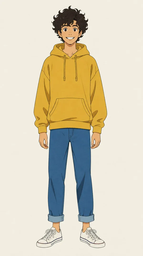 Hand-drawn 2D cartoon character created on getimg.ai: a teenage boy with curly hair in a mustard hoodie, jeans and white sneakers, used as an image reference to turn a dance clip into an animated video with video to video AI
