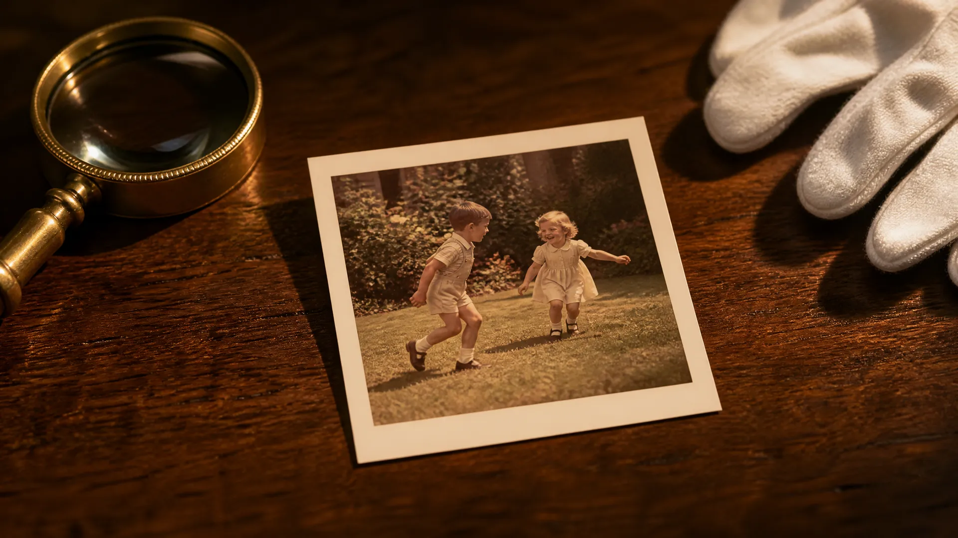 Vintage photograph of two children playing outdoors, displayed on a wooden table beside a magnifying glass and white gloves.