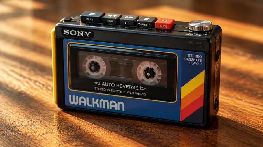 Realistic product photo of a vintage black Sony WM-32 Walkman cassette player with a rainbow accent stripe on a wooden surface, used as the reference photo for the AI Sticker maker on getimg.ai.