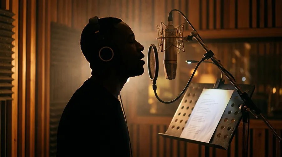 Silhouette of a singer in headphones performing at a condenser microphone with a lyric sheet on a stand in a warm-lit vocal booth, representing songs with vocals. Image generated with getimg.ai.