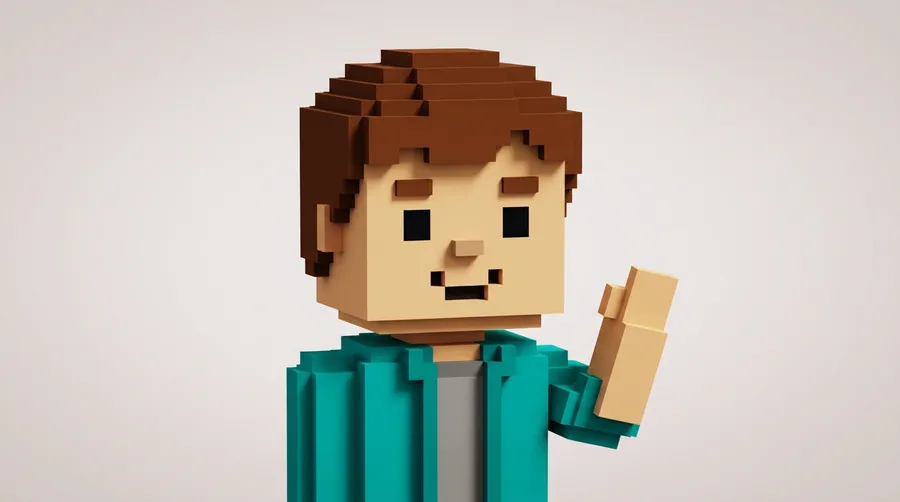 Voxel-style blocky 3D avatar of a brown-haired person in a teal jacket, waving, created on getimg.ai