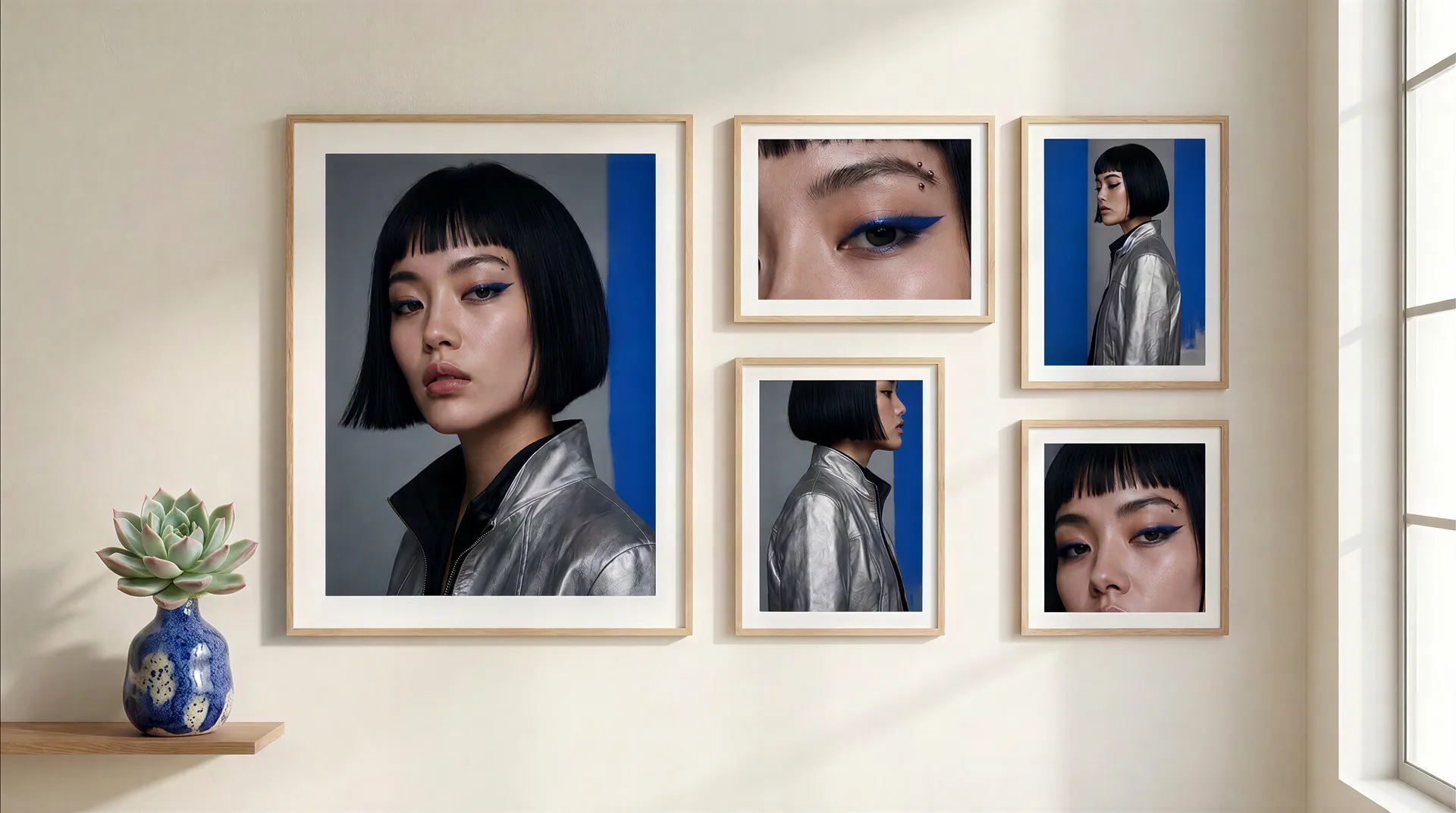 A sunlit gallery wall hung with five framed portraits of the same silver-jacketed AI character, one large hero shot beside square, vertical and close-up crops, showing how one getimg.ai character becomes an entire brand campaign.