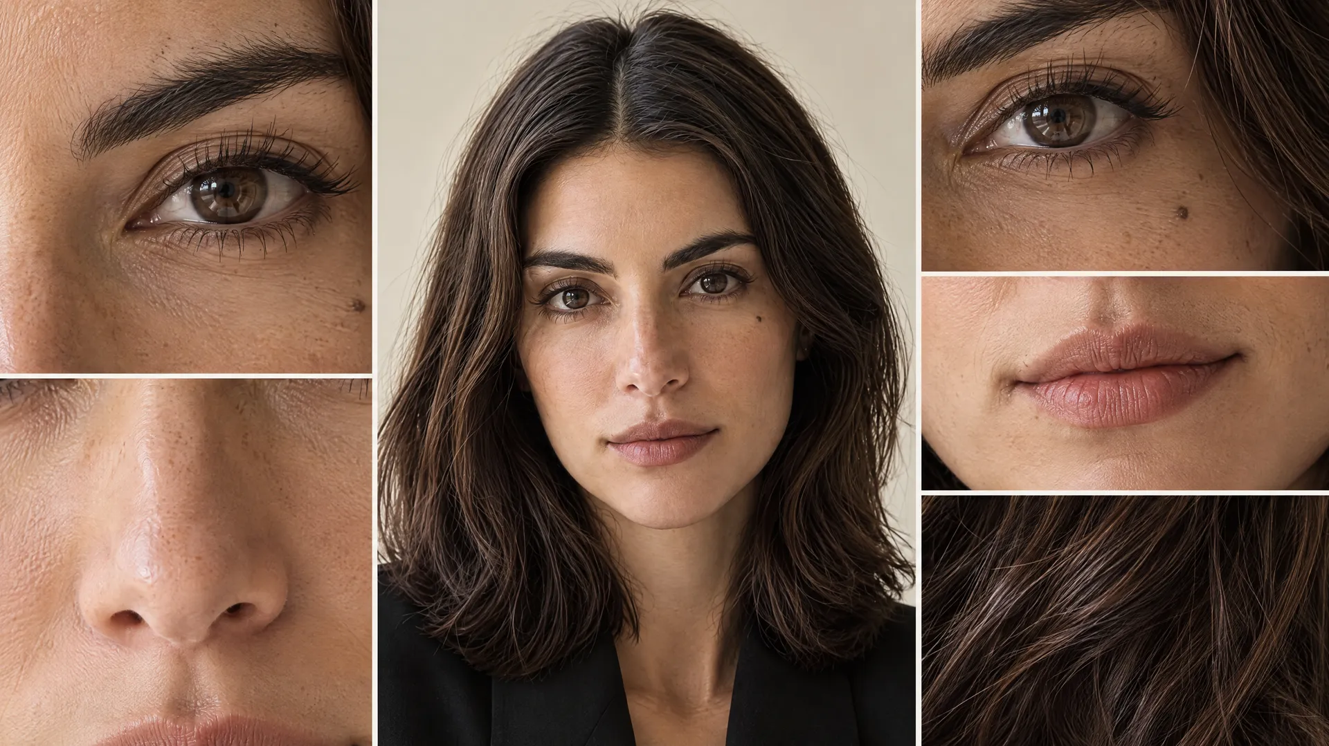 An AI-generated identity sheet for the persona Mara: a central editorial portrait ringed by macro close-ups of her almond brown eyes, straight nose, full lips and dark wavy hair, marking the features the consistency test tracks; created on getimg.ai.