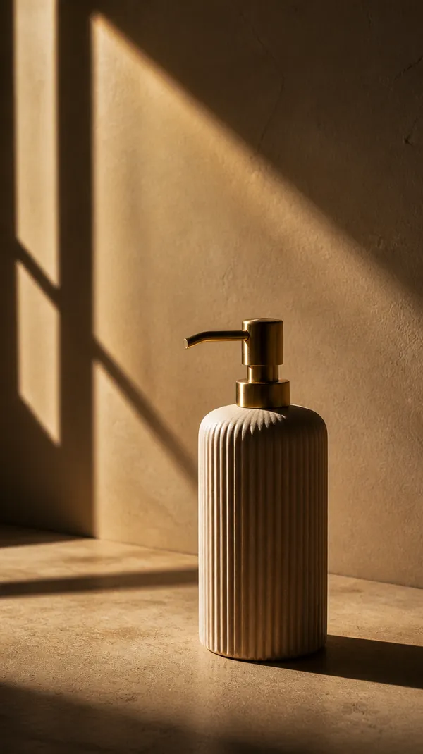 Warm lifestyle product image of a beige ribbed ceramic soap dispenser with a brushed brass pump, standing on a stone surface in golden sunlight with dramatic window shadows. A new visual variation of the same product generated from a reference image using the Image to Image feature on getimg.ai.