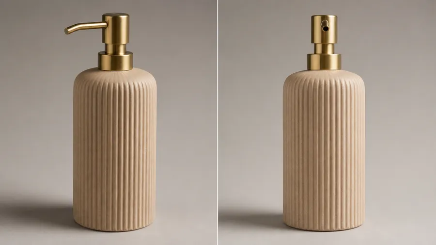 sand-colored ribbed ceramic soap pump shown from the front and the back, neutral background, generated on getimg.ai