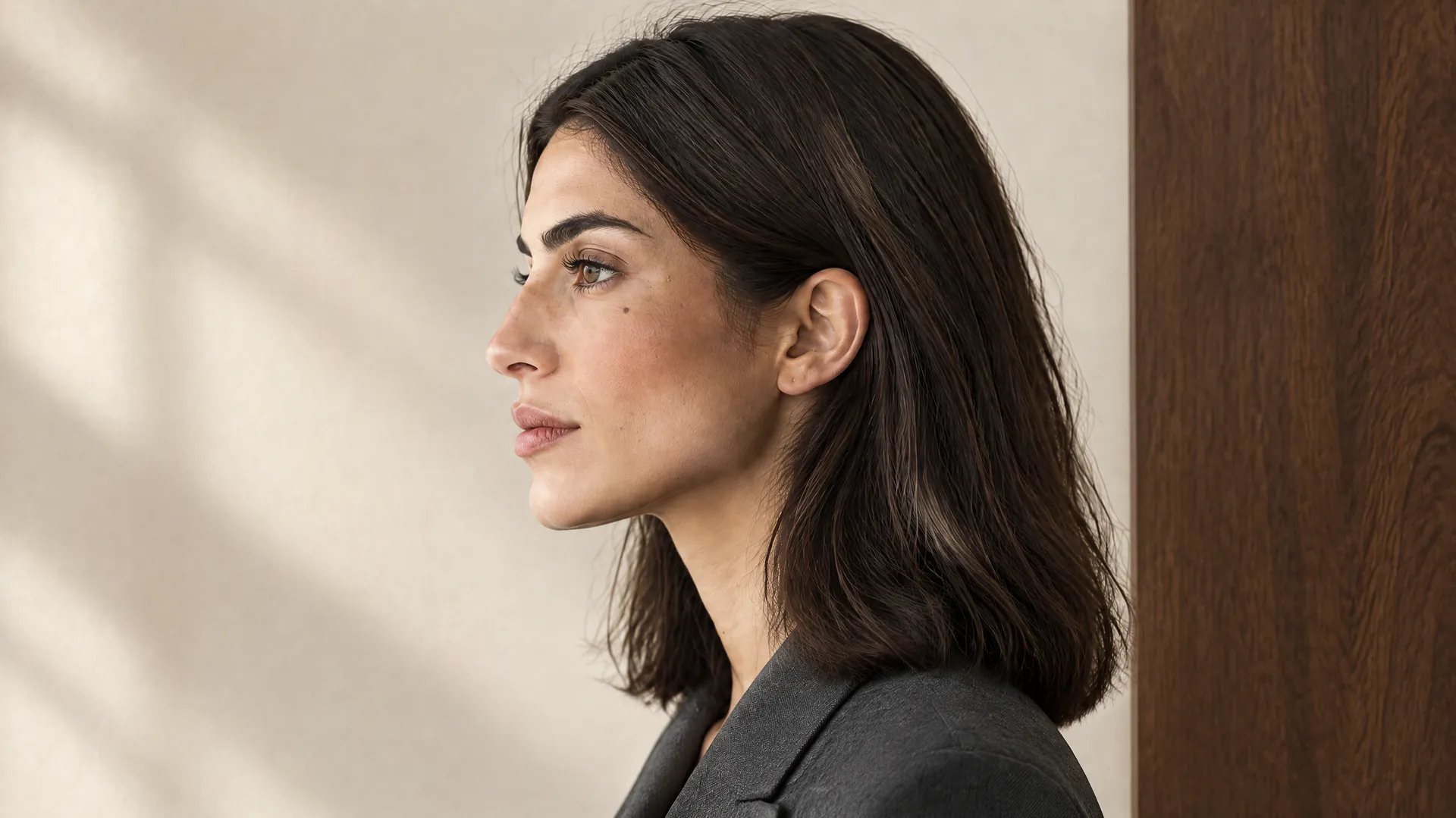 An AI-generated left-profile portrait of Mara against a warm cream wall, the Round 1 shot that tests whether the model understands her facial structure side-on, not just front-facing; created on getimg.ai.