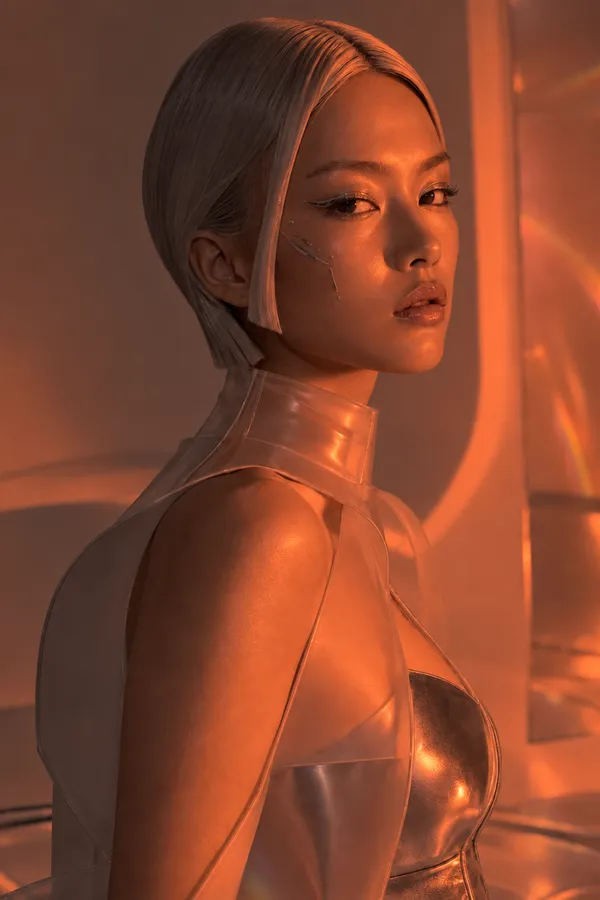 AI relighting example from the Relight Action on getimg.ai: the same futuristic portrait relit in strong warm orange light from the side, wrapping her face and silver bodice in an amber glow.