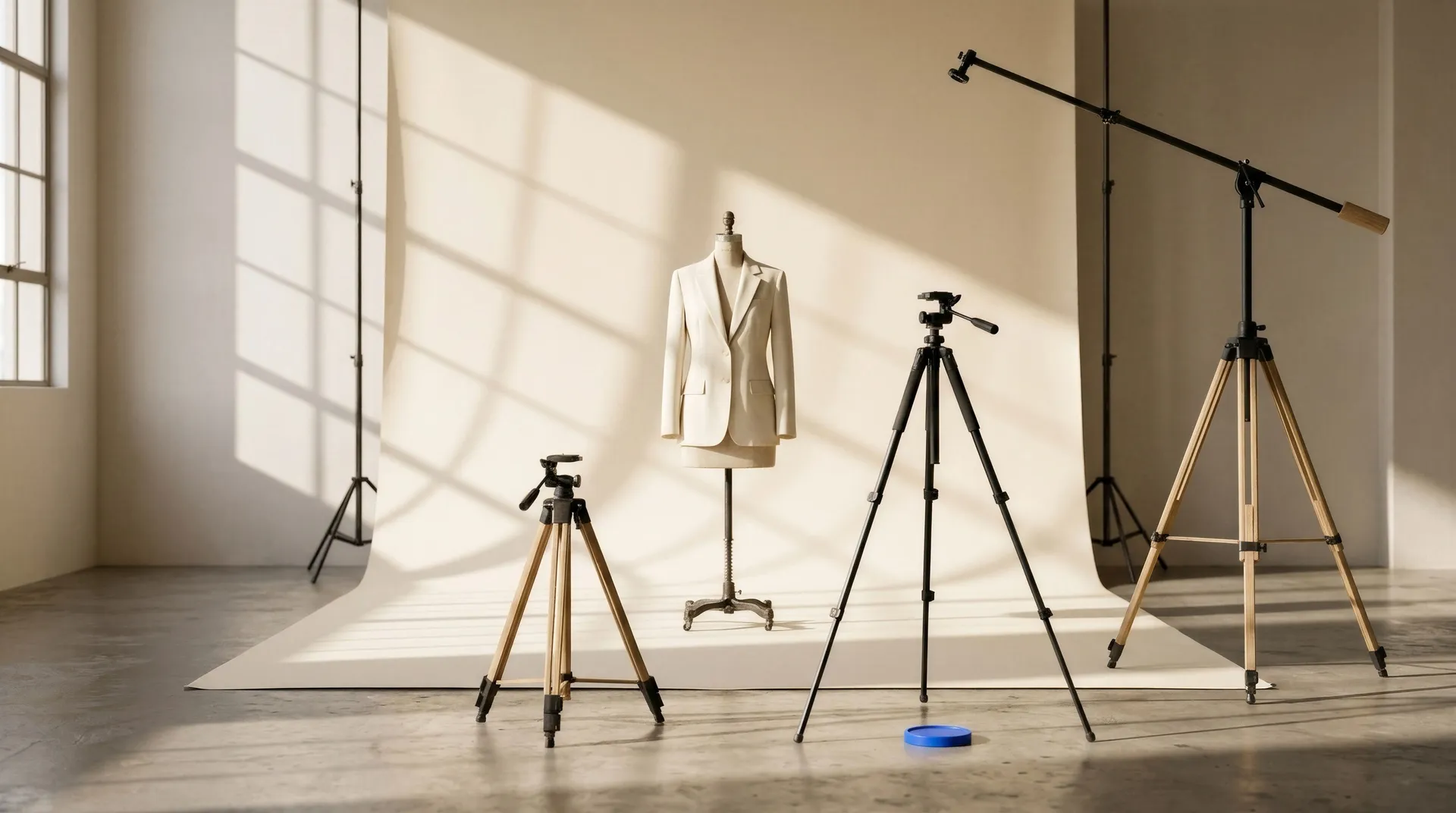 Tailor's dress form in a cream blazer on a seamless paper backdrop in a sunlit studio, surrounded by tripods and a boom stand at low, eye-level and overhead heights with a small blue disc on the floor, featured image for a guide to creating an AI photoshoot from one photo, generated on getimg.ai
