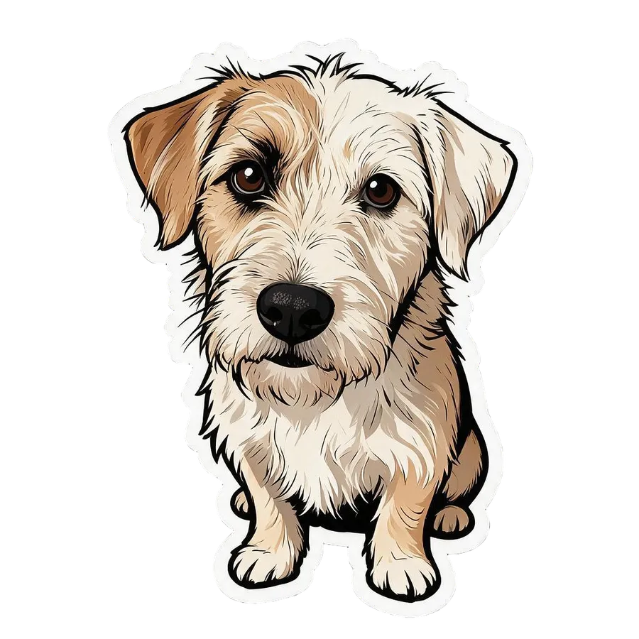 Sticker maker result on getimg.ai: the terrier as a bold-outline cartoon sticker with heavy black linework, cut out on a transparent background.