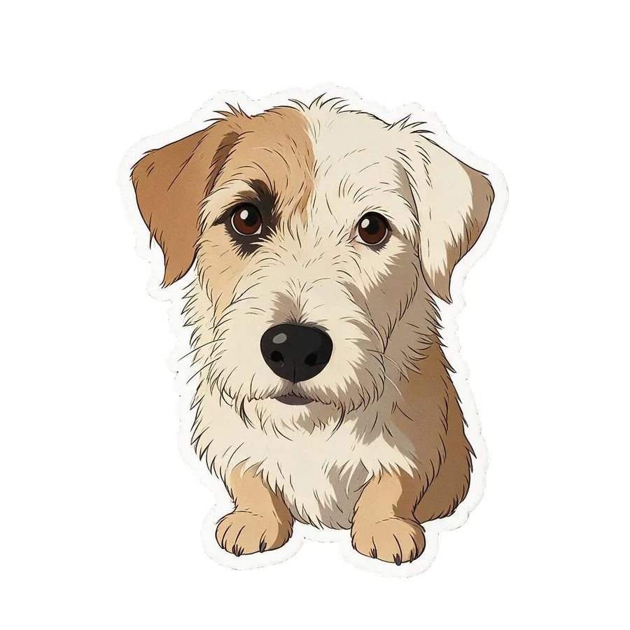 Sticker maker result on getimg.ai: the same terrier as a clean cel-shaded anime sticker with bold linework, cut out on a transparent background.