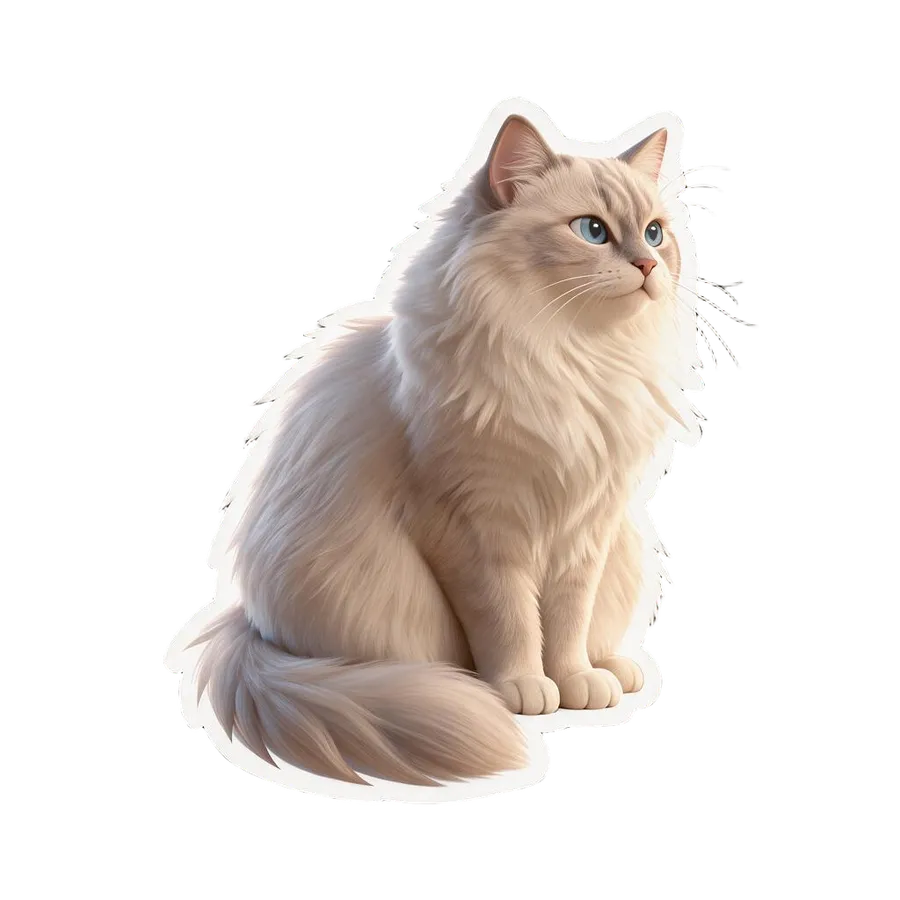 The same fluffy cream cat redrawn as a die-cut AI sticker in a soft, realistic 3D-rendered style, generated by the Sticker maker on getimg.ai.
