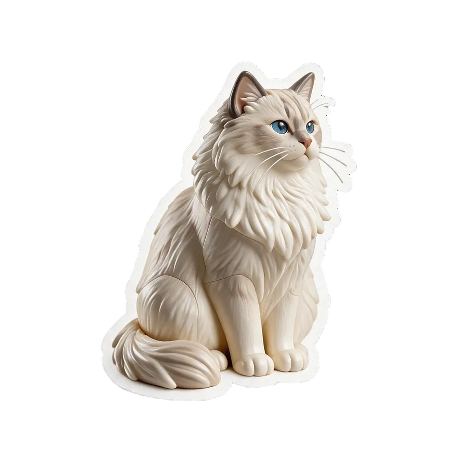 The same fluffy cream cat redrawn as a die-cut AI sticker in a smooth, sculpted vinyl-toy style, generated by the Sticker maker on getimg.ai.