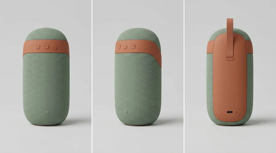 Product reference photos for the UGC video Action on getimg.ai: a sage-green fabric-covered portable Bluetooth speaker with tan accents, shown from the front, three-quarter, and rear angles with its carry strap and USB-C port on a plain grey background.