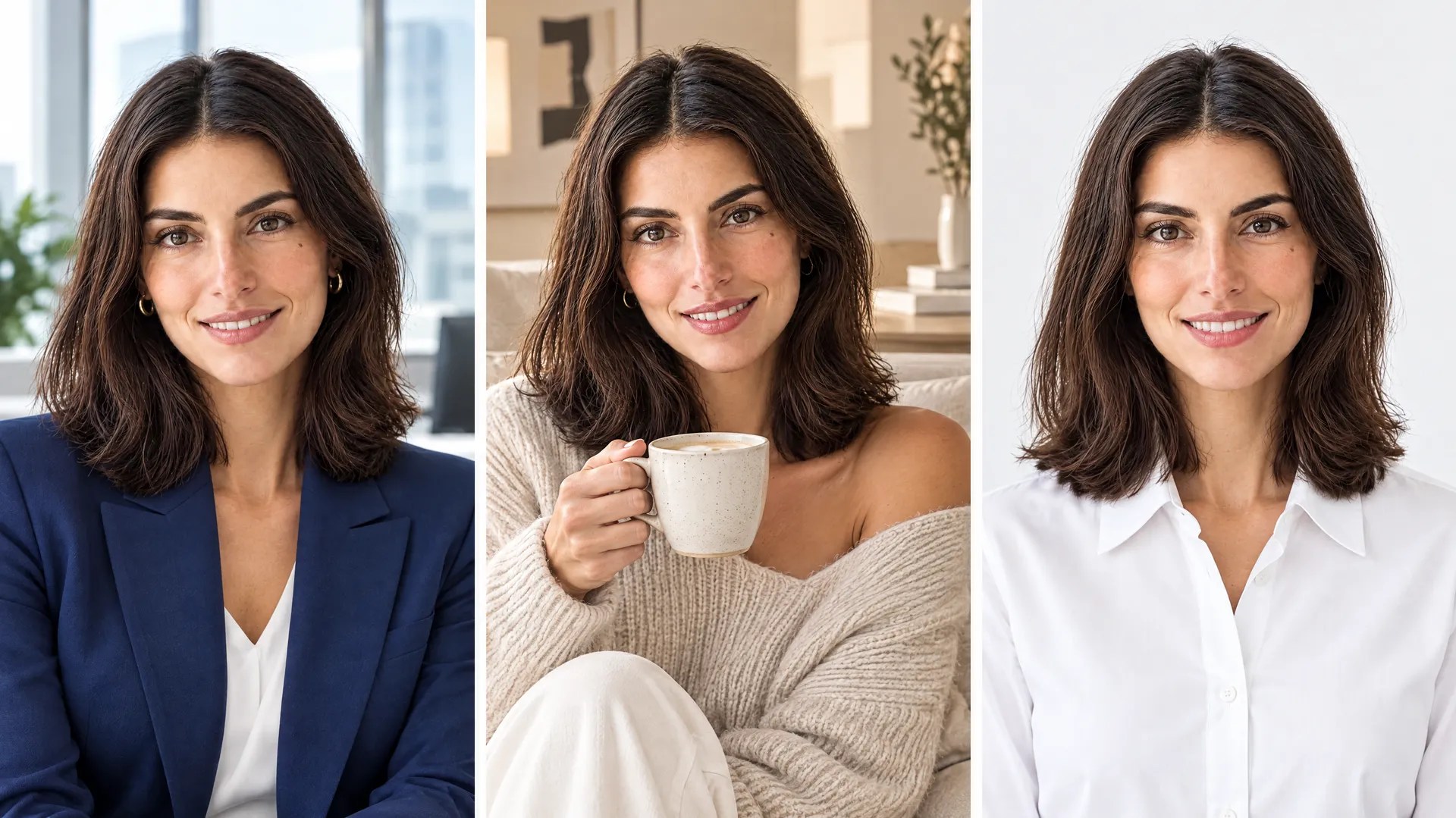 An AI-generated triptych of Mara in a navy blazer, a cream sweater and a white shirt under bright cool light, a deliberate example of style drift toward generic corporate stock; created on getimg.ai.