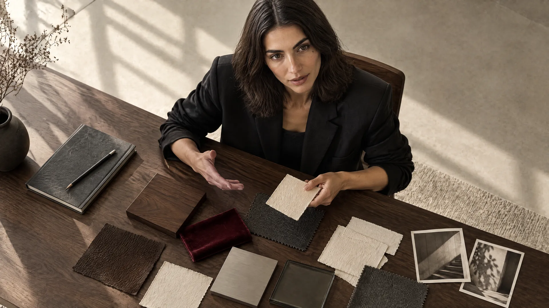 An AI-generated overhead shot of Mara in a black blazer presenting fabric, wood and leather samples across a walnut desk, the Round 4 educational-content format; created on getimg.ai.