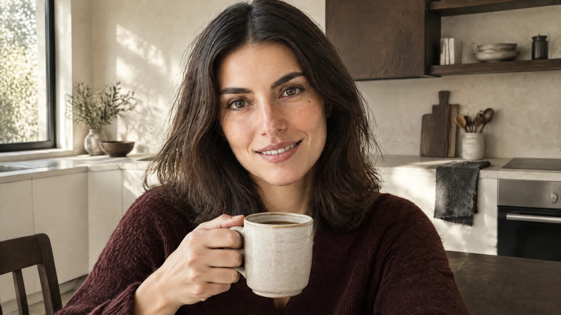 An AI-generated casual smartphone-style selfie of Mara in a burgundy sweater holding a ceramic mug in a sunny kitchen, the deliberately looser Round 4 UGC format; created on getimg.ai.