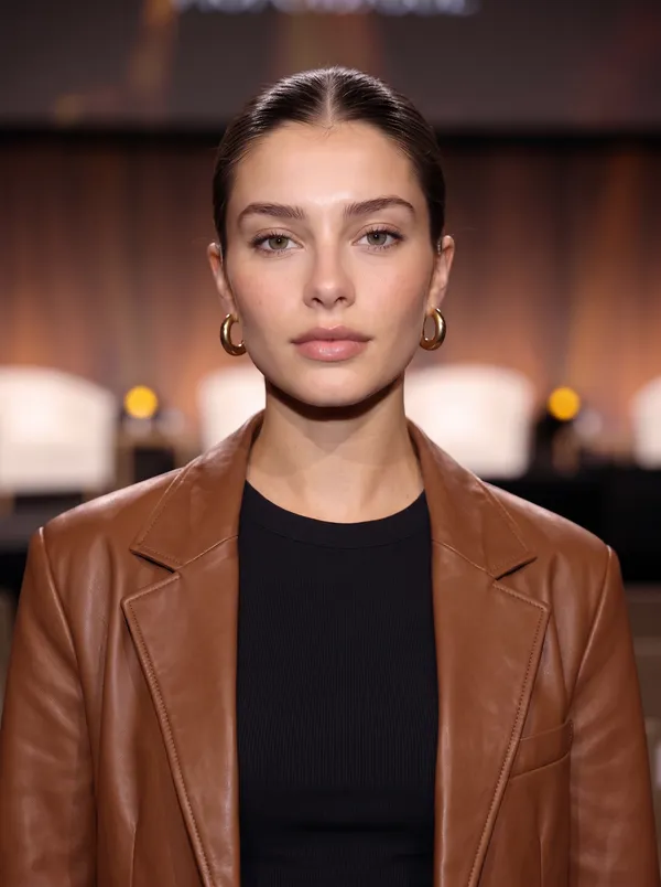 Professional AI headshot of a woman in a tan leather blazer over a black top with gold hoop earrings, set against a warm, blurred event backdrop. Generated with getimg.ai.