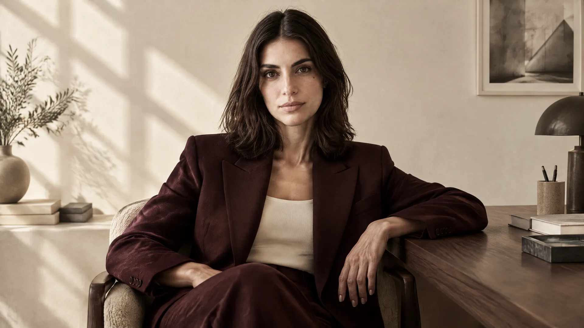An AI-generated shot of Mara in a burgundy suit seated at a walnut desk in warm daylight, a Round 2 wardrobe swap that keeps burgundy inside her brand palette; created on getimg.ai.