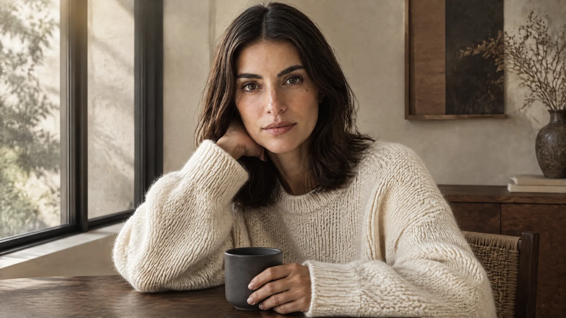 An AI-generated shot of Mara in a chunky cream knit resting her chin on her hand at a cafe table by a window, a Round 2 wardrobe swap holding identity while the outfit changes; created on getimg.ai.