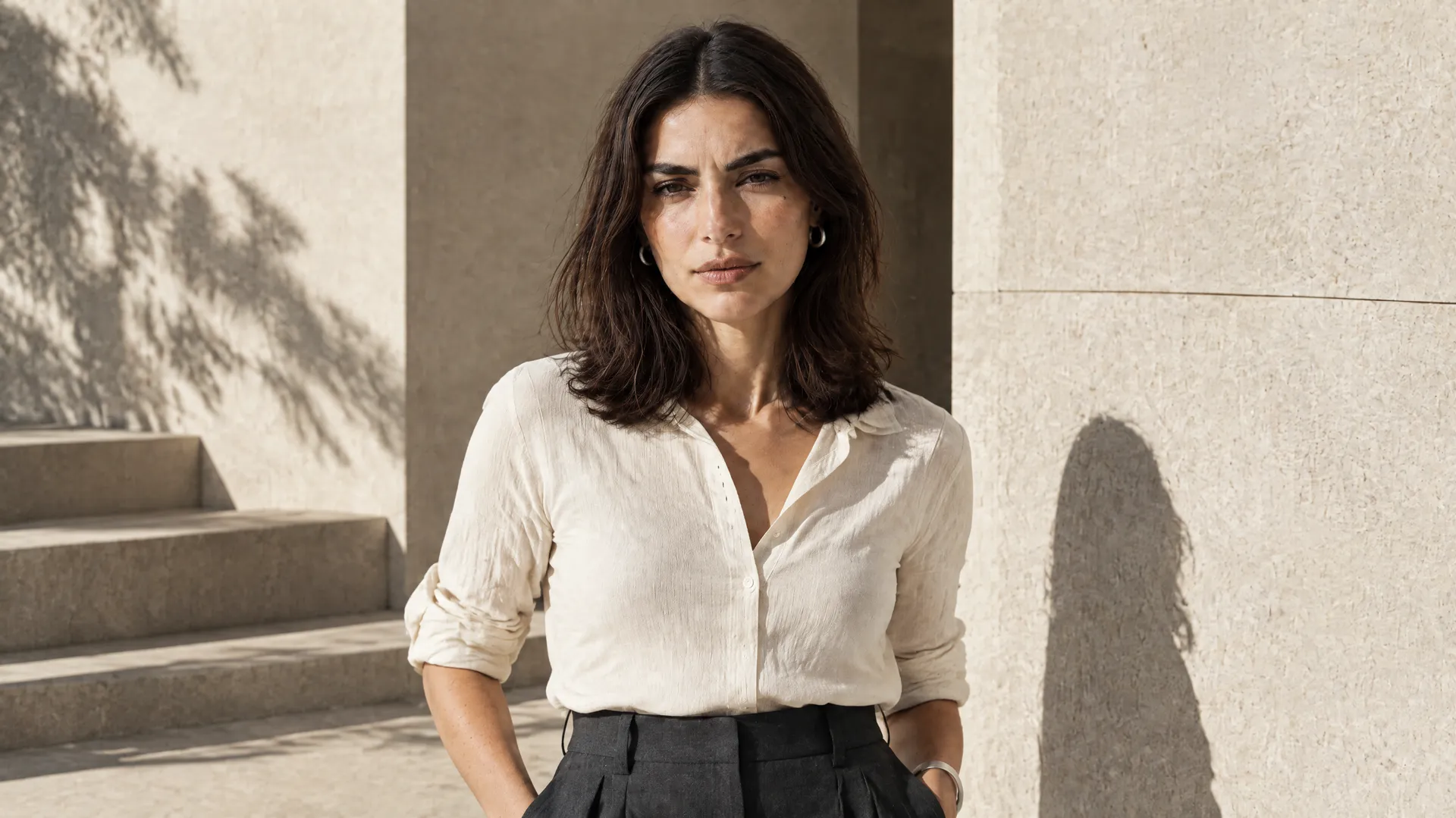 An AI-generated shot of Mara in a cream shirt against pale stone in harsh midday sun, the Round 5 bright-daylight test; created on getimg.ai.