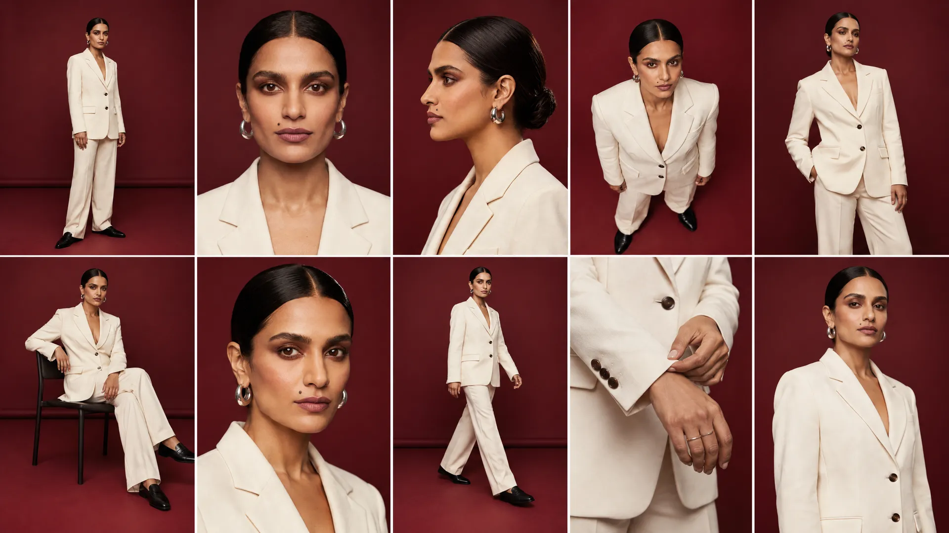 Grid of twelve consistent AI photoshoot images of a fictional model with a sleek low bun and silver hoop earrings in a cream tailored suit on a burgundy studio backdrop: wide, full body, portraits, profile, overhead, seated, walking, close-up and cuff detail, all generated on getimg.ai from one reference photo