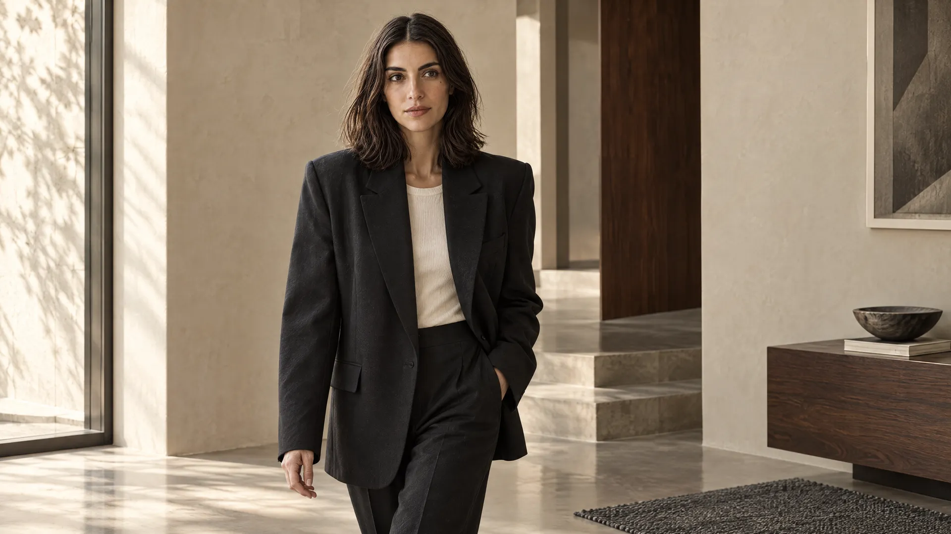 An AI-generated shot of Mara walking through a warm minimalist interior in a black oversized blazer over a cream top, a Round 2 wardrobe variation; created on getimg.ai.