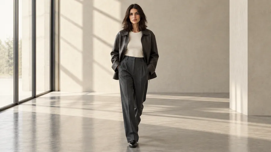 An AI-generated full-length shot of Mara in a dark leather jacket and grey trousers walking through a sunlit concrete gallery, the Round 2 outfit tested for semantic drift that stays on-brand; created on getimg.ai.