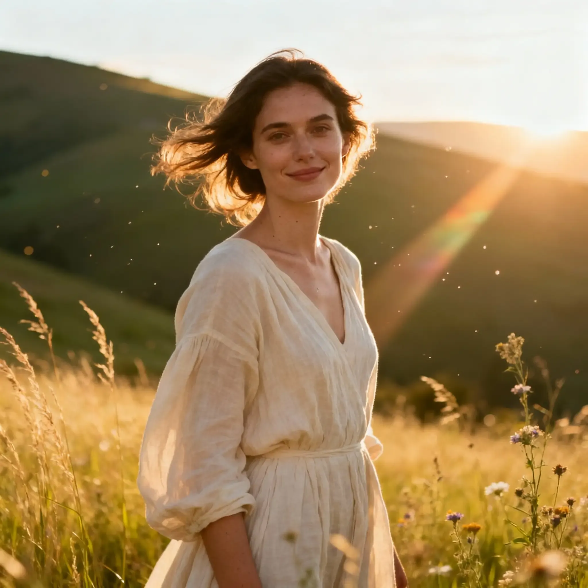 woman in field at golden hour smiling