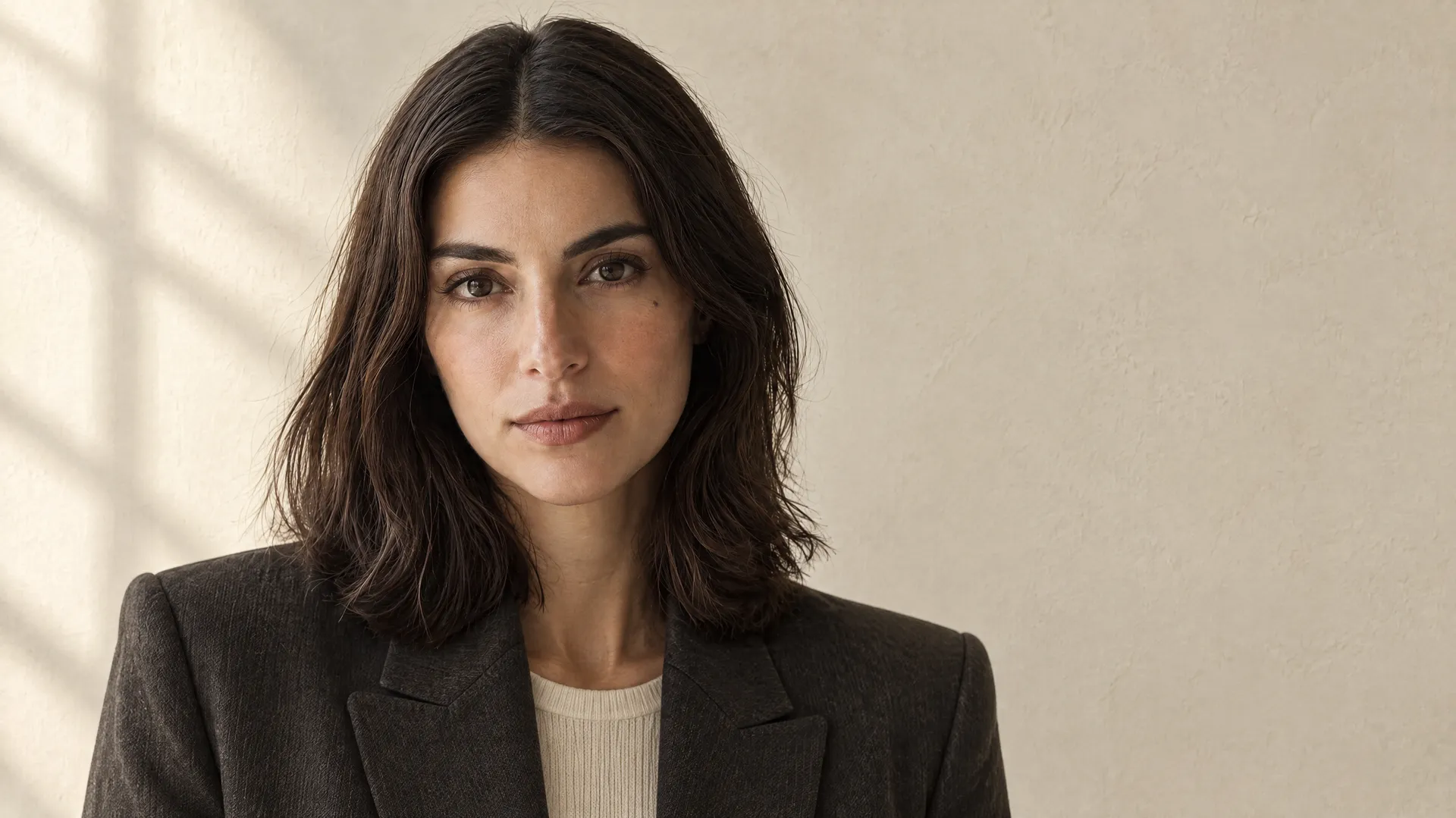 An AI-generated front portrait of Mara in a graphite blazer against off-white plaster in soft window light, the Round 1 baseline shot for identity consistency; created on getimg.ai.
