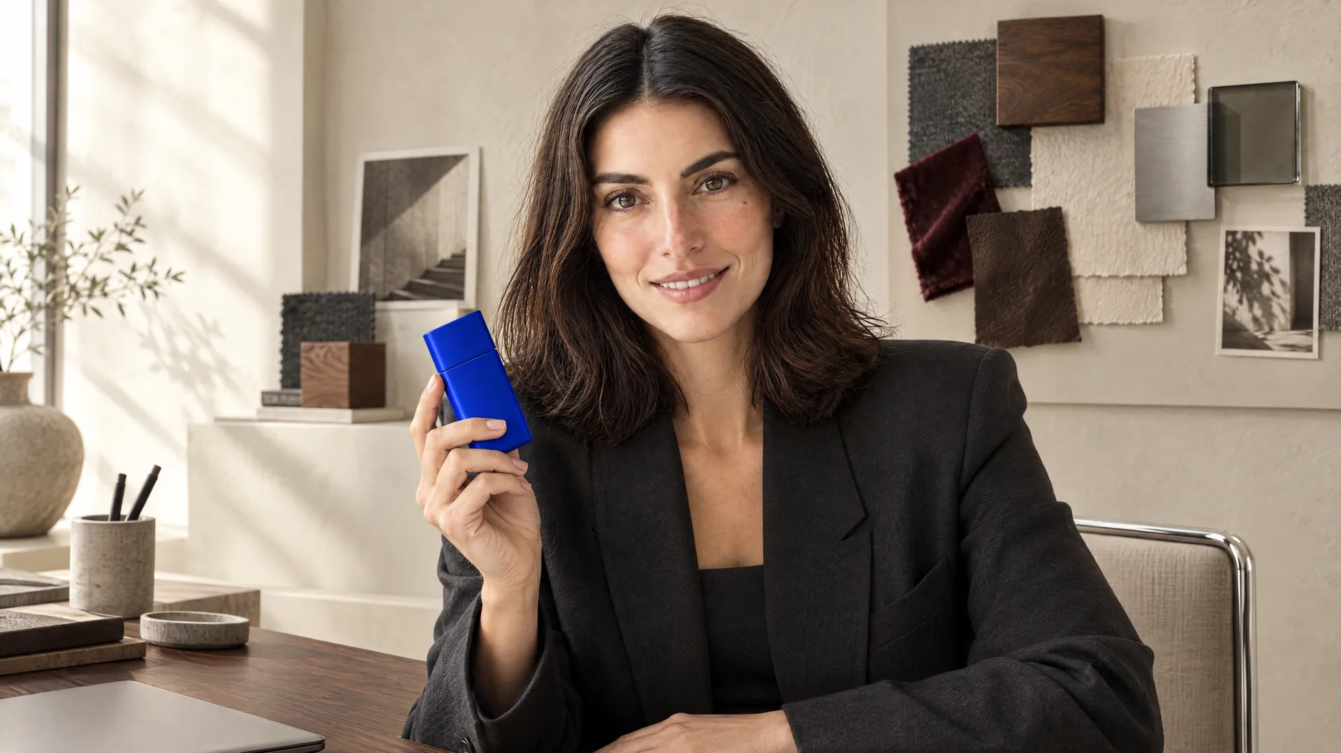 An AI-generated shot of Mara in a black blazer smiling and holding a cobalt-blue product in her neutral studio, the Round 5 collaboration that keeps the rival color as a controlled accent; created on getimg.ai.