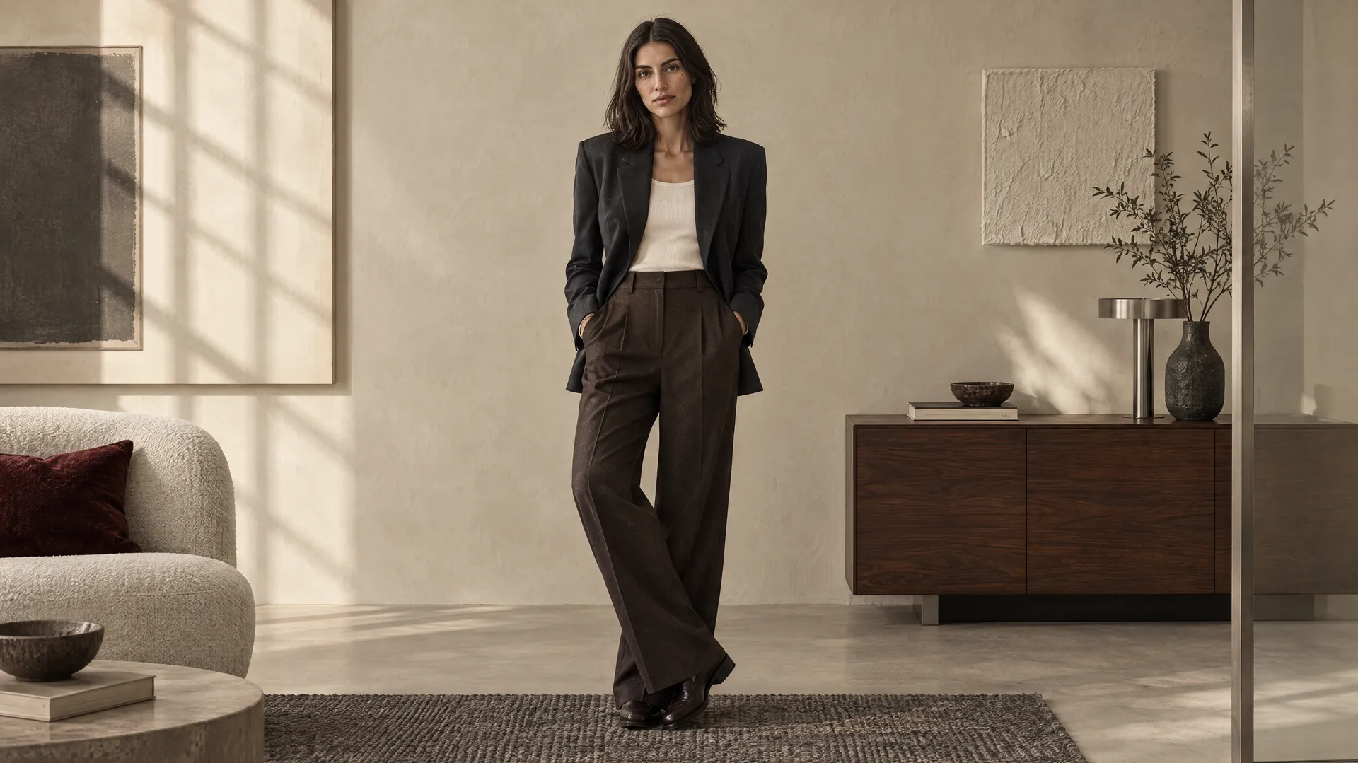 An AI-generated full-length shot of Mara standing in a black blazer and brown wide-leg trousers in a warm minimalist living room, a Round 1 pose checking identity at full-body scale; created on getimg.ai.