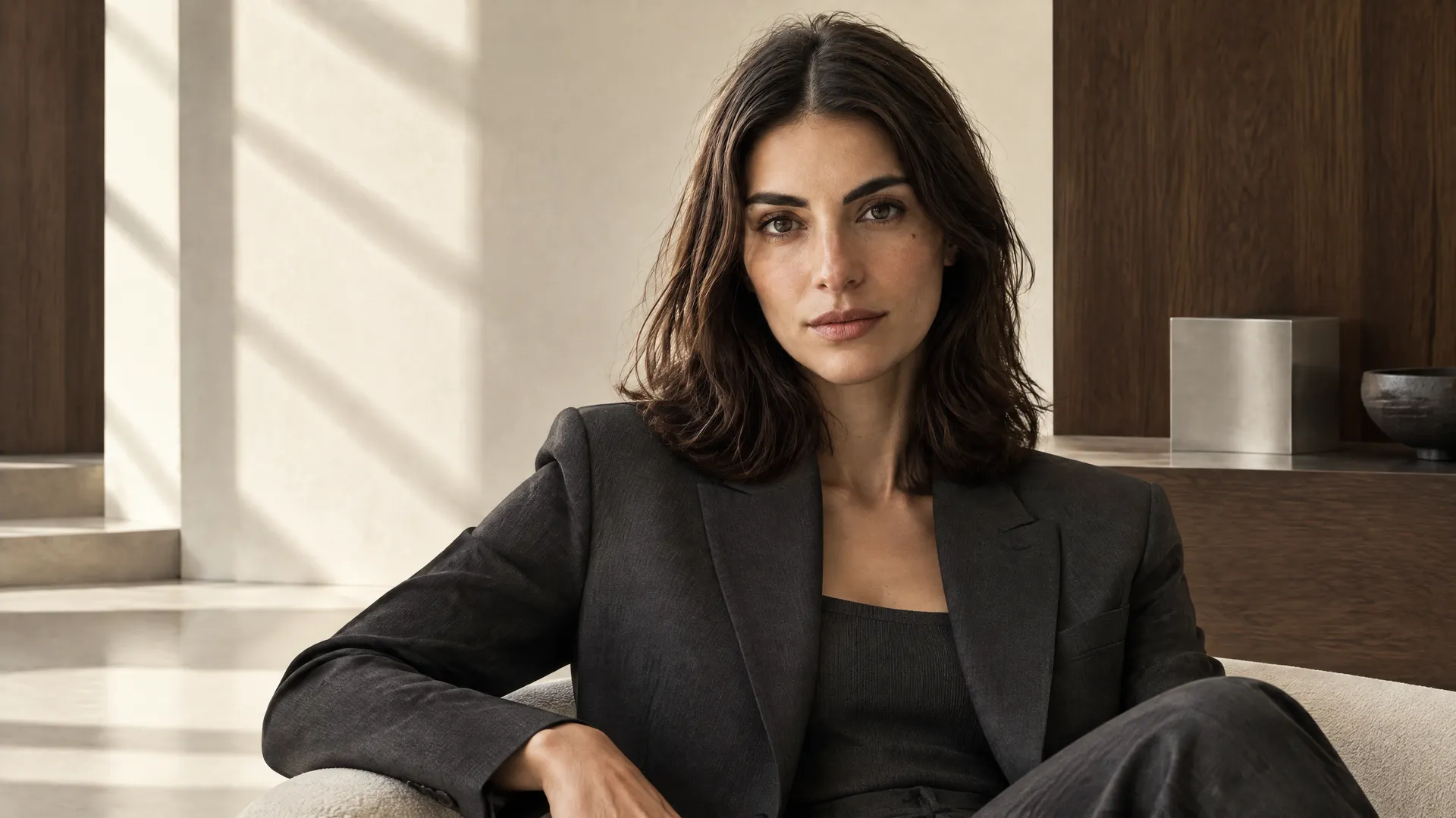 An AI-generated seated portrait of Mara in a dark blazer in soft directional studio light, a polished Round 4 brand-visual format; created on getimg.ai.