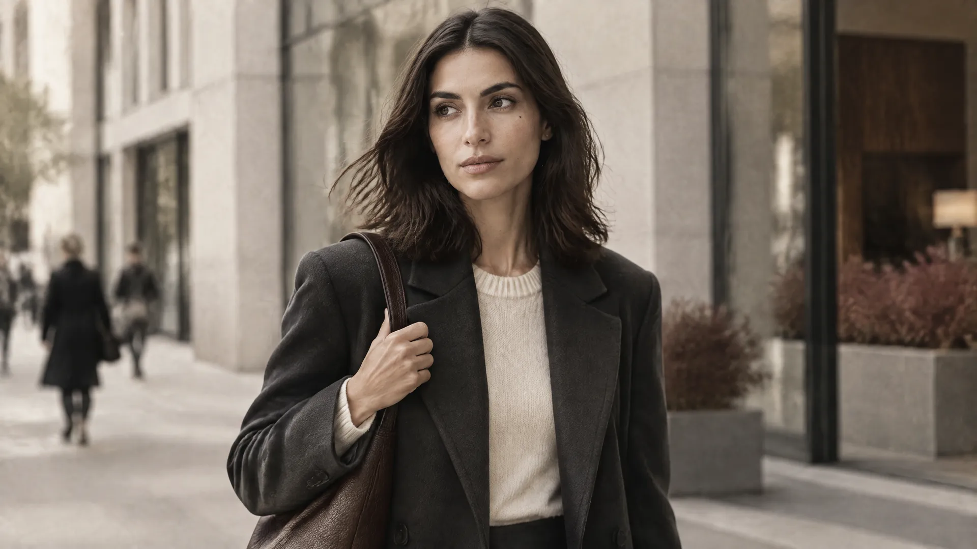 An AI-generated street shot of Mara in a graphite coat and cream knit carrying a brown leather bag on a city sidewalk, a Round 3 location that keeps her neutral palette outdoors; created on getimg.ai.