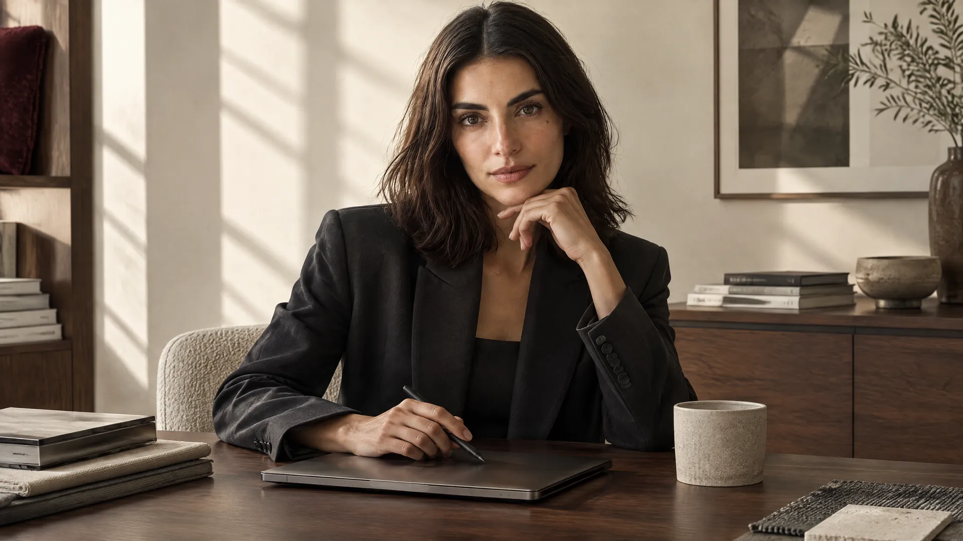 An AI-generated shot of Mara in a black blazer working with a stylus at a warm wood desk, a Round 4 promotional-content format; created on getimg.ai.
