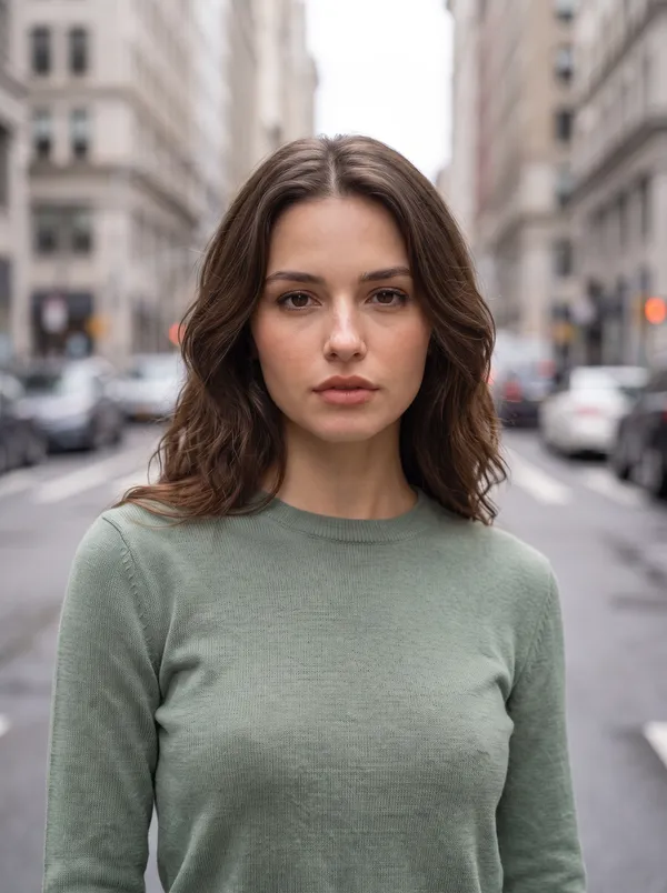 AI headshot of a woman with wavy brown hair in a sage green sweater, standing on a blurred city street lined with buildings and traffic for an urban editorial look. Generated with getimg.ai.