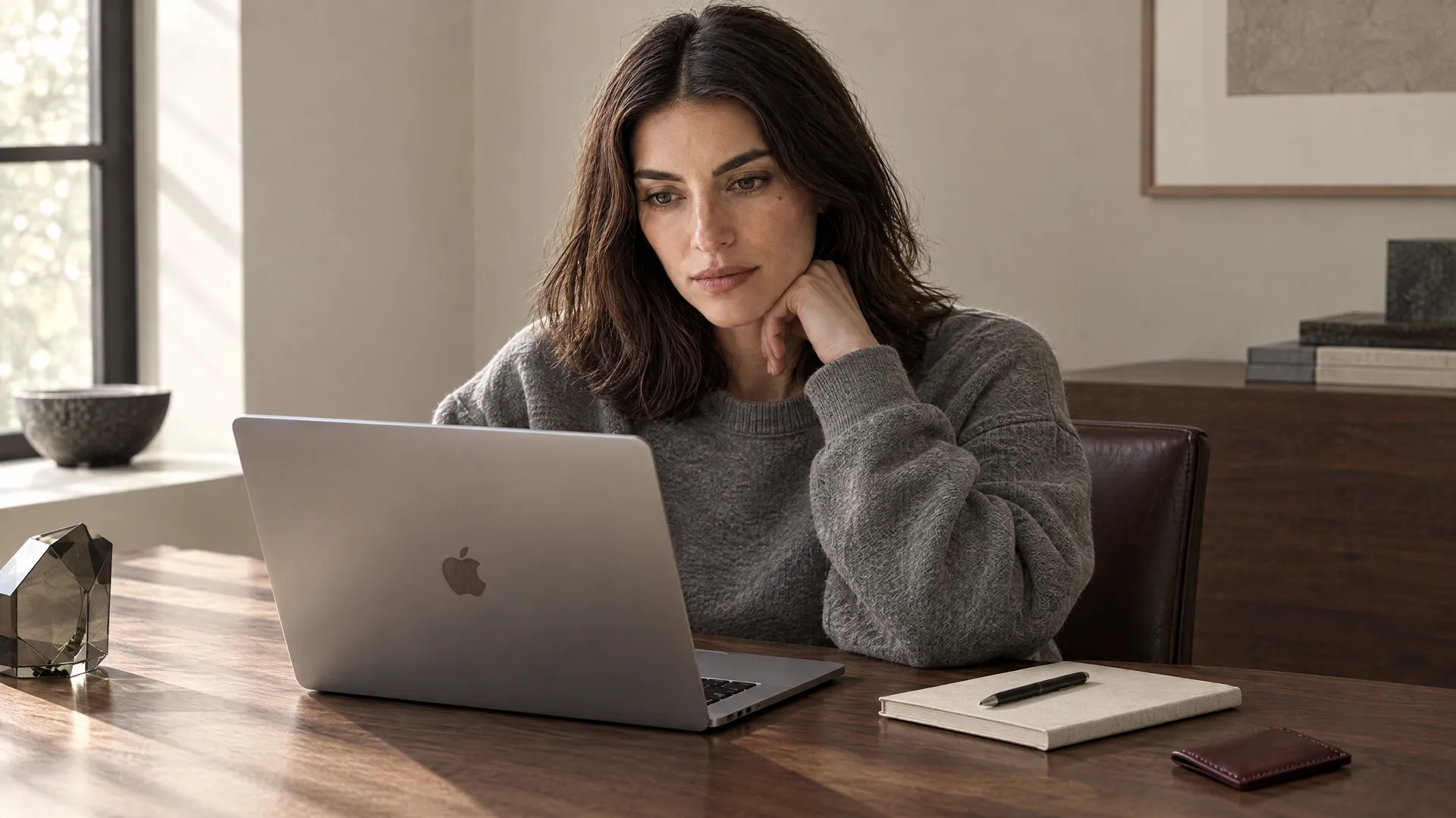 An AI-generated shot of Mara in a heather-grey sweatshirt working at a laptop in a warm home office, a Round 2 casual wardrobe variation; created on getimg.ai.