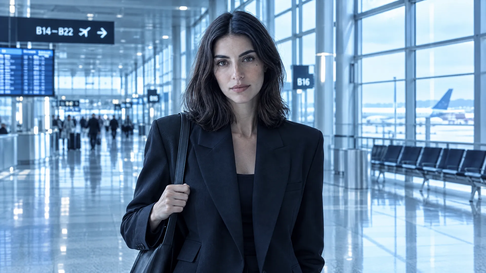An AI-generated shot of Mara in a black blazer in a cold blue-lit airport terminal, a deliberate example of environmental takeover pulling her warm palette off-tone; created on getimg.ai.